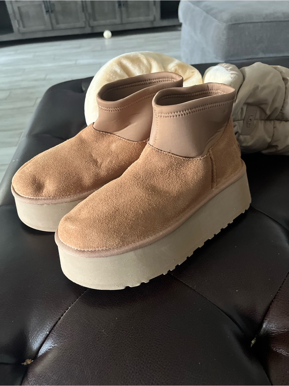 UGG Tan Suede Classic Ultra Mini Platform Ankle Boots